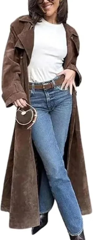Suede Trench Coat Women Long Trench Coats Faux Leather Double Breasted Jackets Peacoat Jacket Overcoat