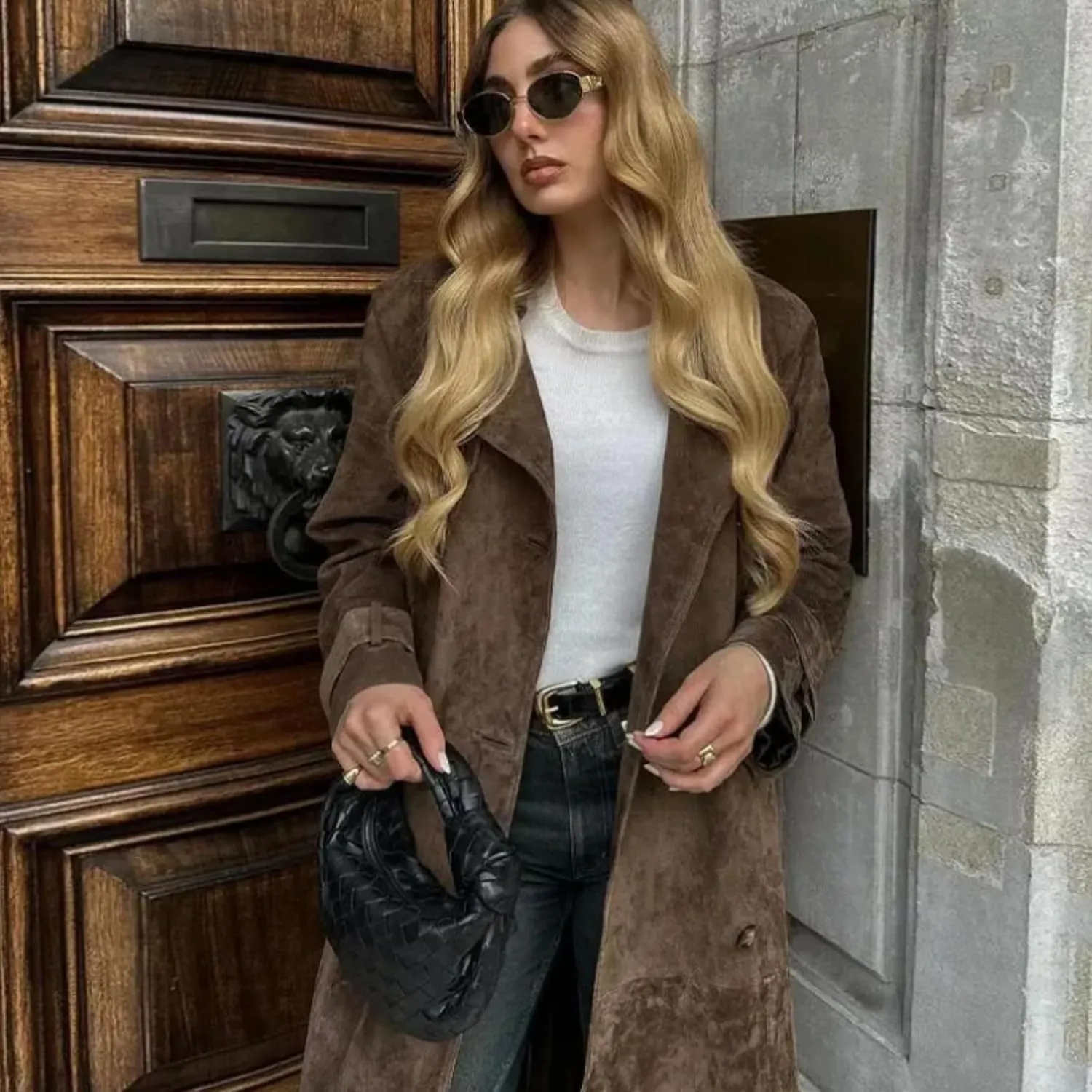 Suede Trench Coat Women Long Trench Coats Faux Leather Double Breasted Jackets Peacoat Jacket Overcoat