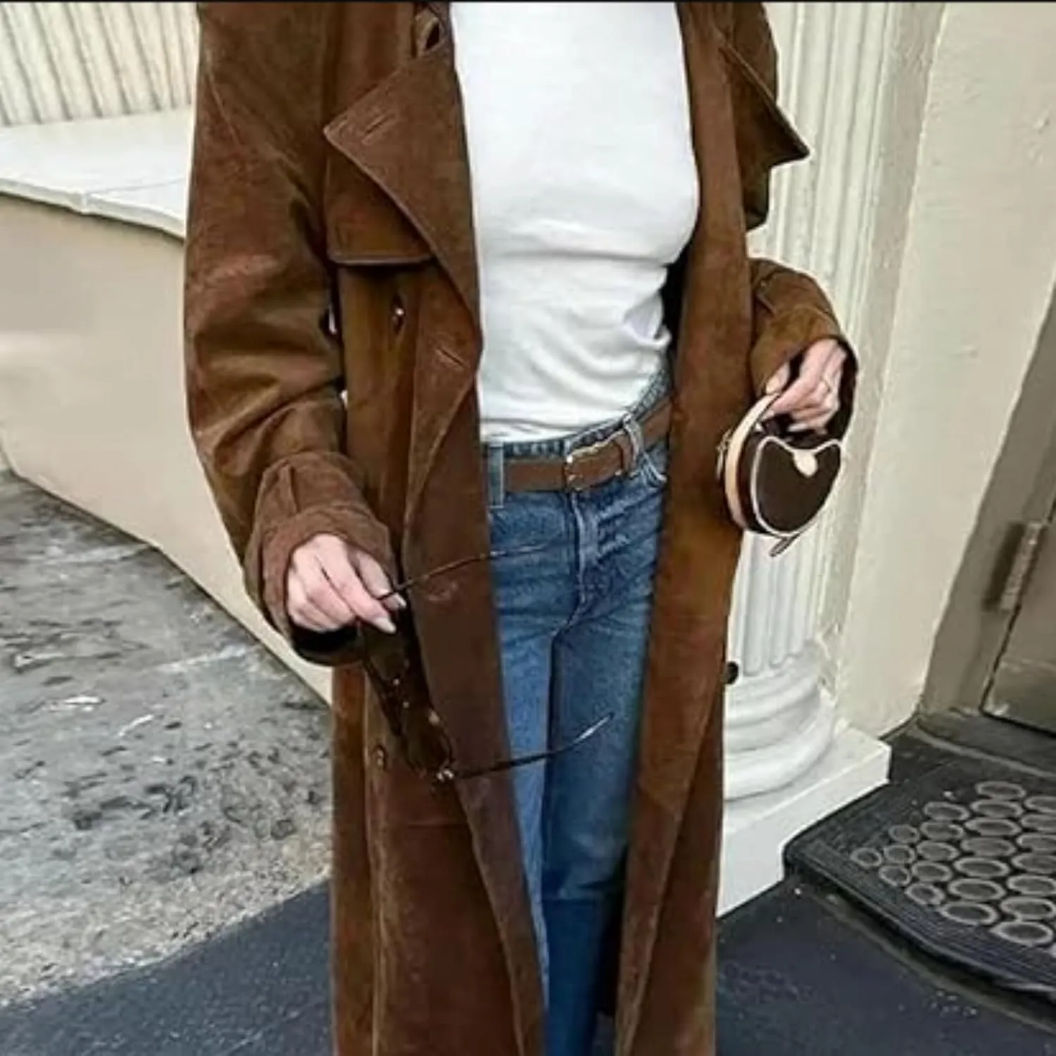 Suede Trench Coat Women Long Trench Coats Faux Leather Double Breasted Jackets Peacoat Jacket Overcoat