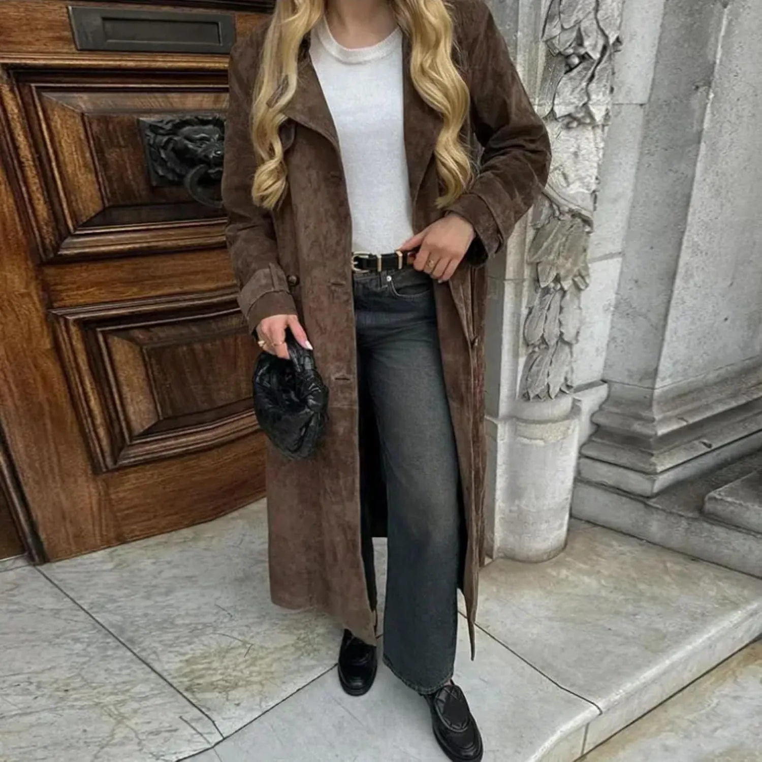 Suede Trench Coat Women Long Trench Coats Faux Leather Double Breasted Jackets Peacoat Jacket Overcoat