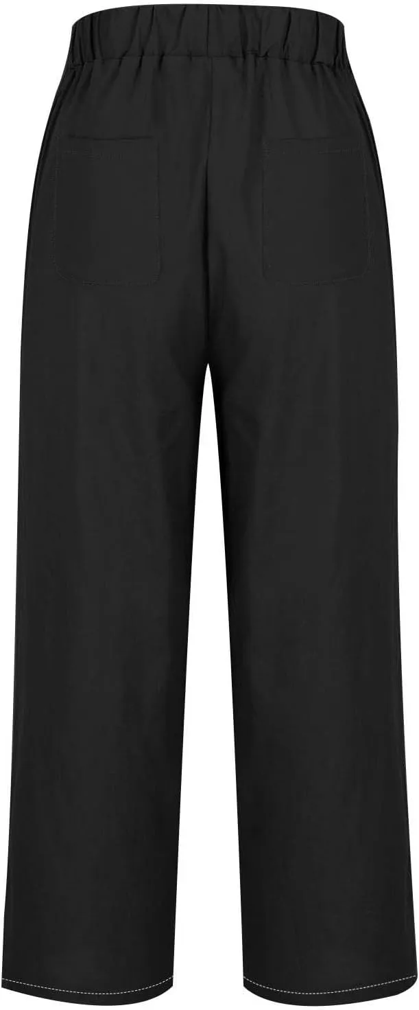 Summer Linen Pants for Women, Elastic High Waist Wide Leg Slacks Cotton Linen Straight Palazzo Trousers with Pockets