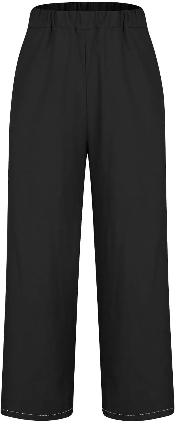 Summer Linen Pants for Women, Elastic High Waist Wide Leg Slacks Cotton Linen Straight Palazzo Trousers with Pockets