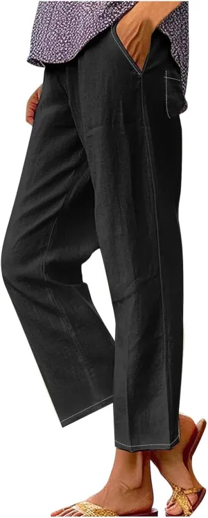Summer Linen Pants for Women, Elastic High Waist Wide Leg Slacks Cotton Linen Straight Palazzo Trousers with Pockets