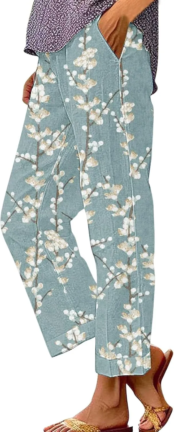 Summer Linen Pants for Women Wide Leg Boho Floral Printed Loose Palazzo Beach Trousers with Drawstring and Pockets