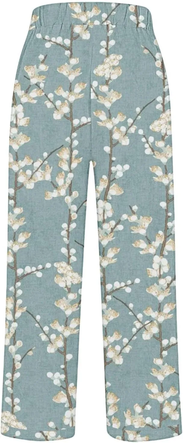 Summer Linen Pants for Women Wide Leg Boho Floral Printed Loose Palazzo Beach Trousers with Drawstring and Pockets
