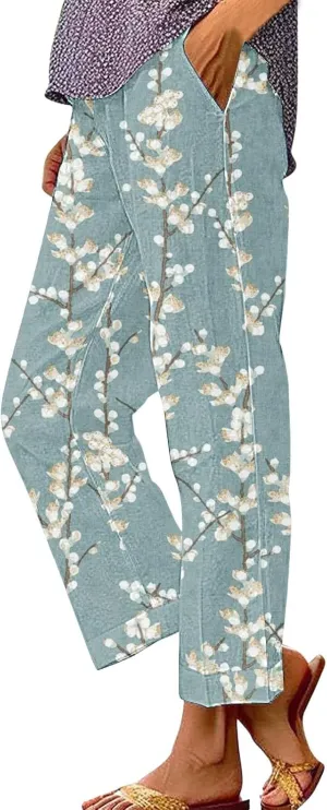 Summer Linen Pants for Women Wide Leg Boho Floral Printed Loose Palazzo Beach Trousers with Drawstring and Pockets