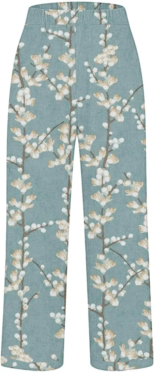 Summer Linen Pants for Women Wide Leg Boho Floral Printed Loose Palazzo Beach Trousers with Drawstring and Pockets