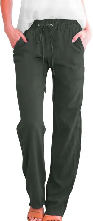 Summer Pants for Women 2025 Casual Drawstring High Waisted Palazzo Lounge Pants Beach Wide Leg Trousers with Pockets