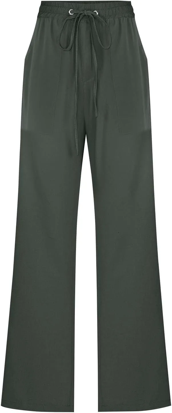 Summer Pants for Women 2025 Casual Drawstring High Waisted Palazzo Lounge Pants Beach Wide Leg Trousers with Pockets
