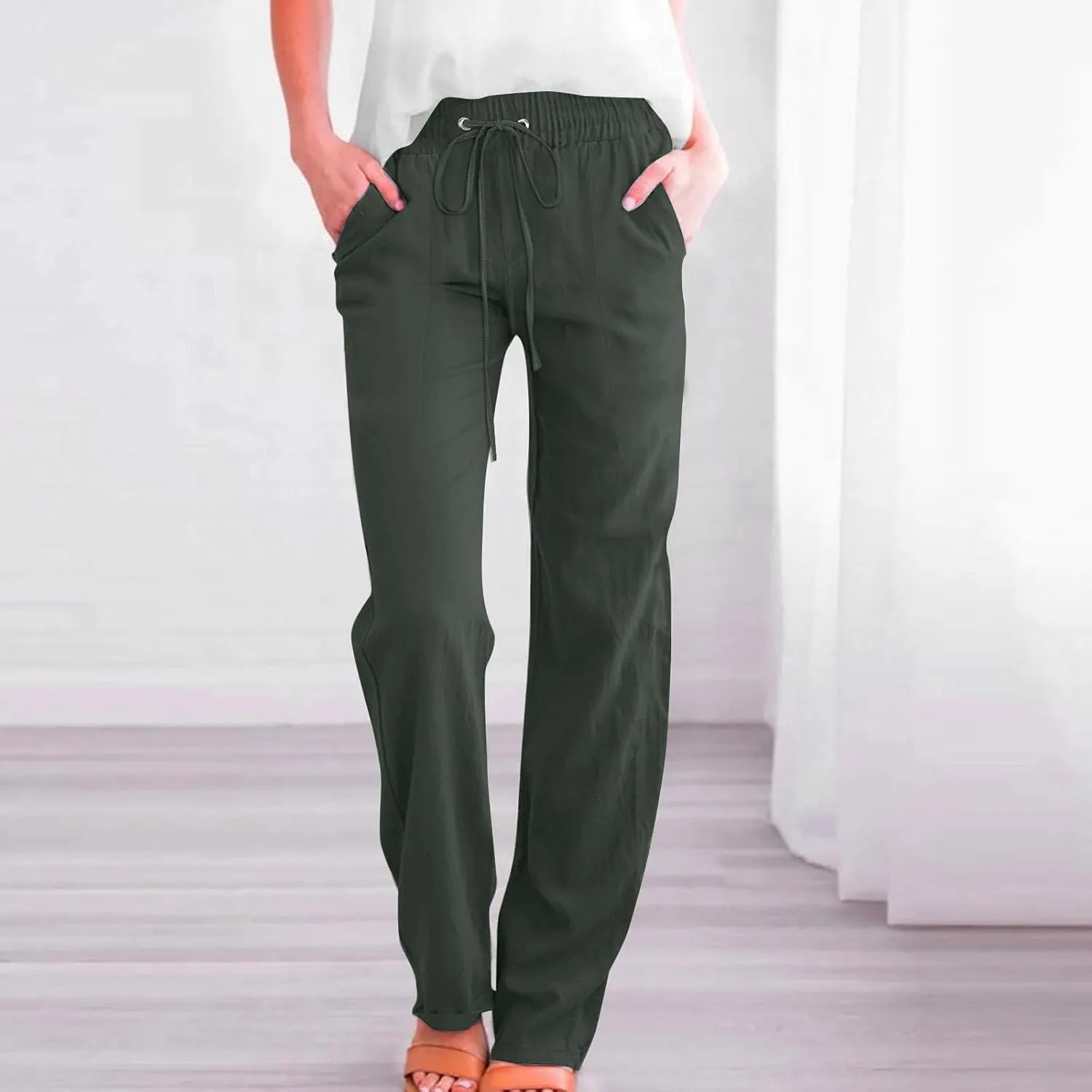 Summer Pants for Women 2025 Casual Drawstring High Waisted Palazzo Lounge Pants Beach Wide Leg Trousers with Pockets