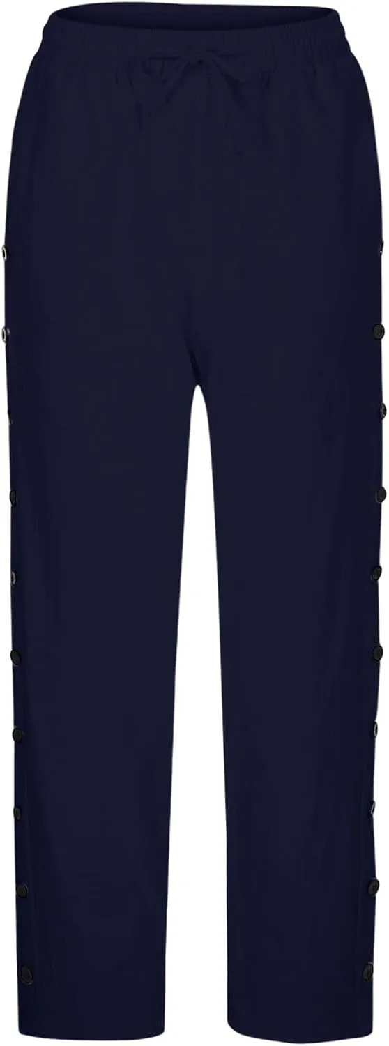 Summer Pants for Women 2025 Trendy Summer Vacation Side Button Elastic Waist Baggy Straight Leg Trousers with Pockets
