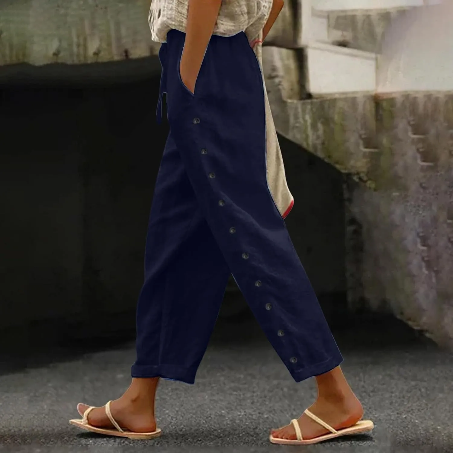 Summer Pants for Women 2025 Trendy Summer Vacation Side Button Elastic Waist Baggy Straight Leg Trousers with Pockets