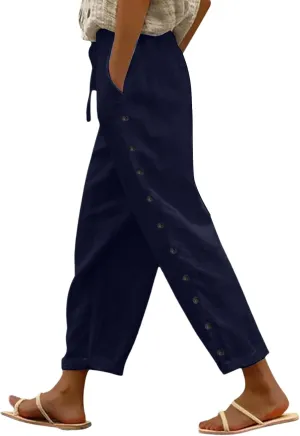 Summer Pants for Women 2025 Trendy Summer Vacation Side Button Elastic Waist Baggy Straight Leg Trousers with Pockets
