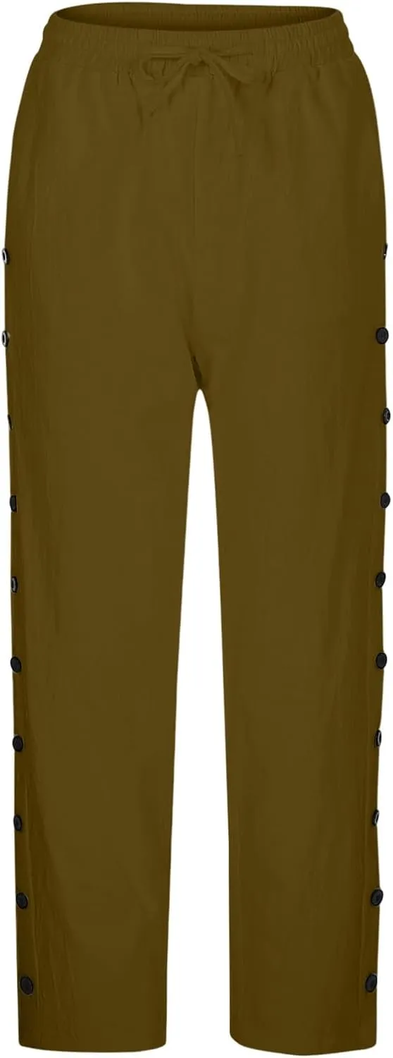 Summer Pants for Women 2025 Trendy Summer Vacation Side Button Elastic Waist Straight Leg Casual Cropped Trousers