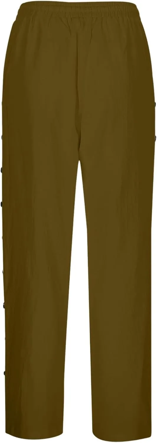 Summer Pants for Women 2025 Trendy Summer Vacation Side Button Elastic Waist Straight Leg Casual Cropped Trousers