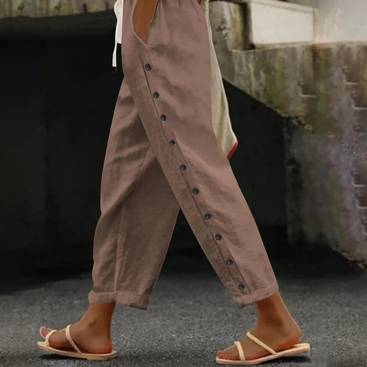 Summer Pants for Women 2025 Trendy Summer Vacation Side Button Elastic Waist Straight Leg Casual Cropped Trousers