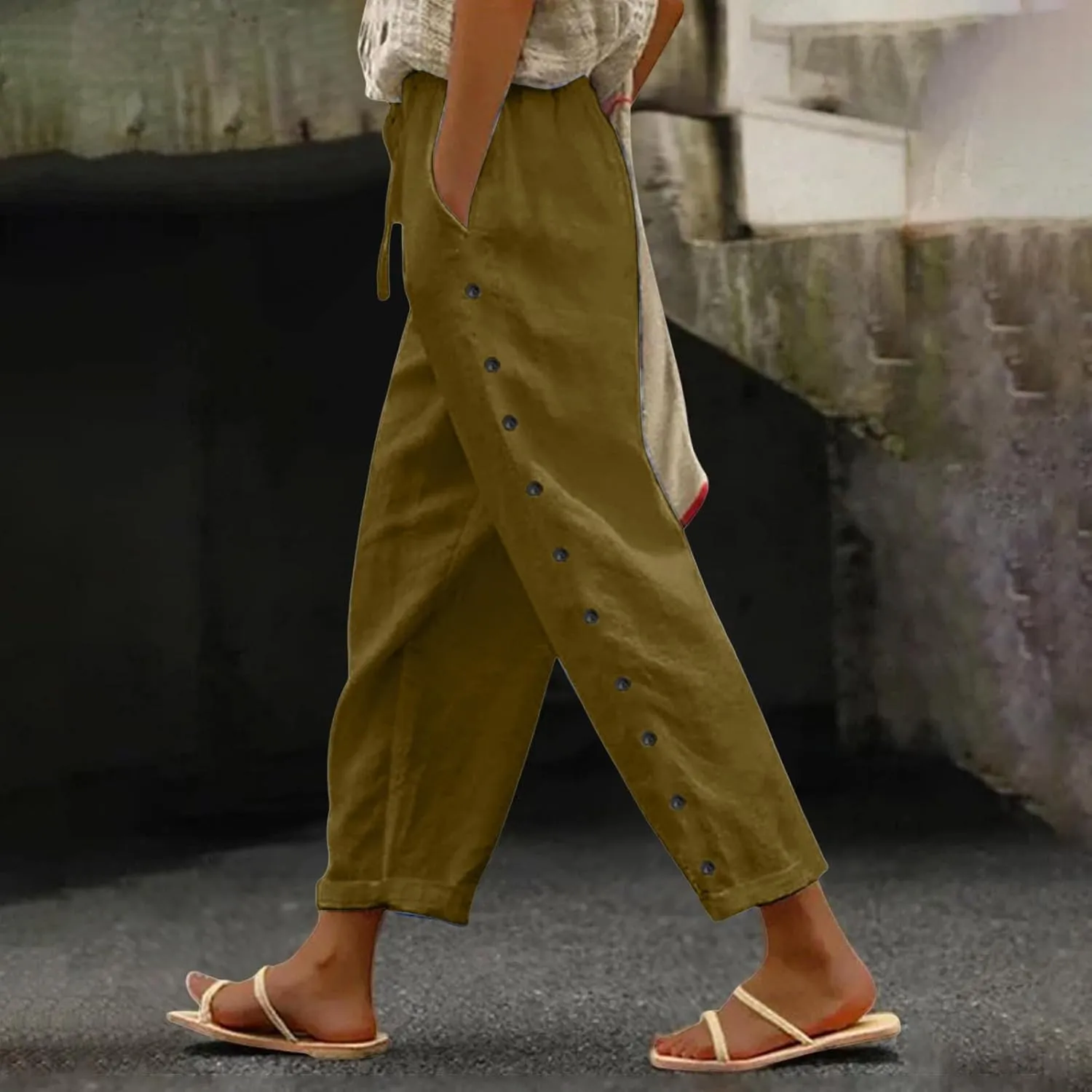 Summer Pants for Women 2025 Trendy Summer Vacation Side Button Elastic Waist Straight Leg Casual Cropped Trousers