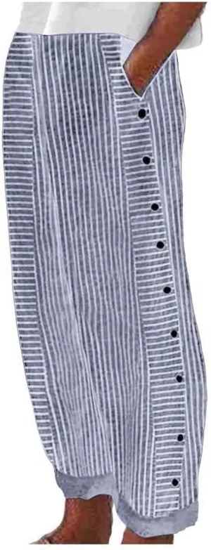 Summer Pants for Women Striped Printed Side Button Pants Baggy Elastic Waist Straight Leg Trousers with Pockets