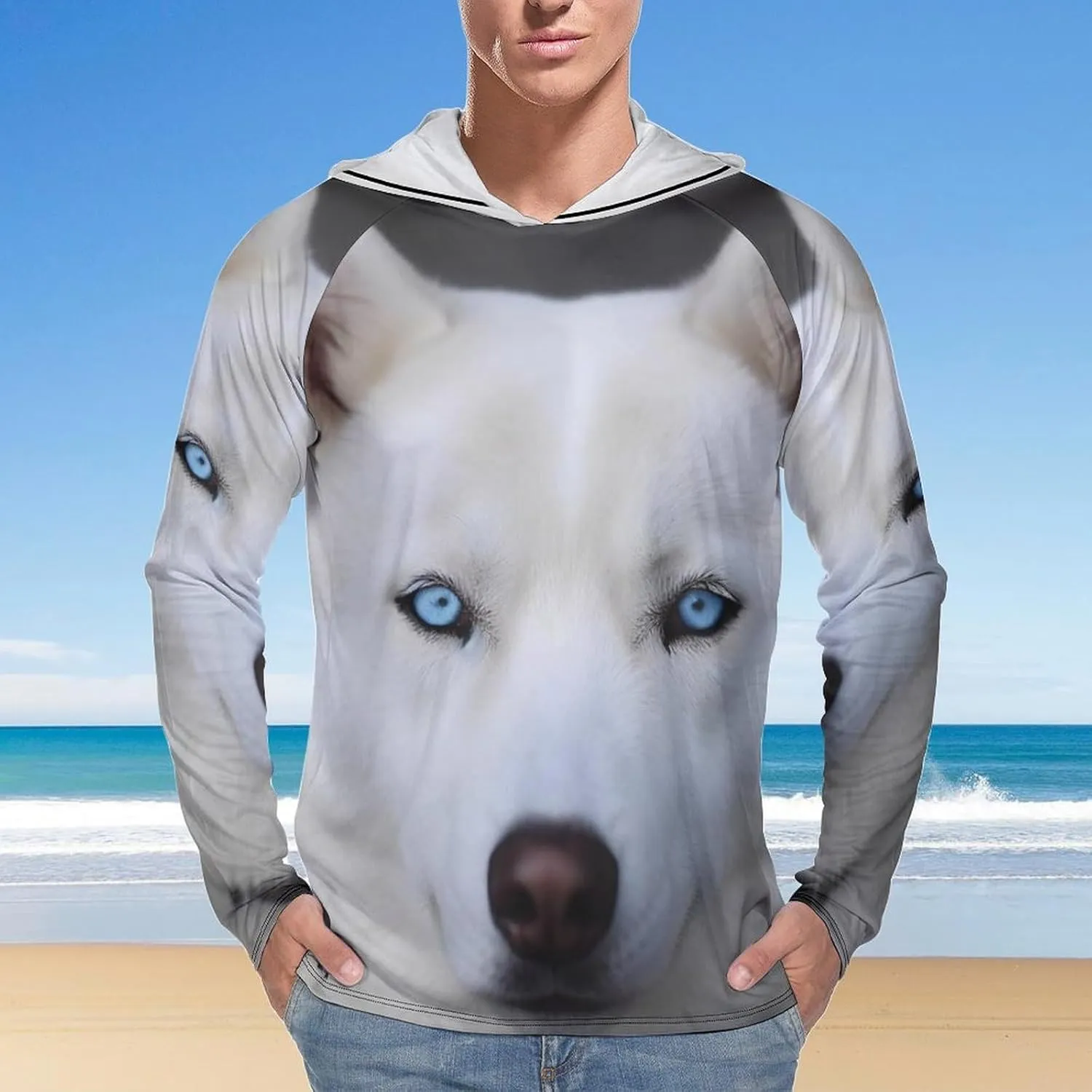 Sun Protection Shirt Long Sleeve Hoodie Blue Eyed White Husky Lightweight Rash Guard Quick Dry Sun Shirt for Outdoor