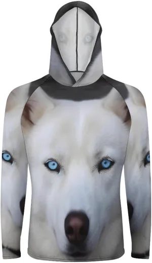 Sun Protection Shirt Long Sleeve Hoodie Blue Eyed White Husky Lightweight Rash Guard Quick Dry Sun Shirt for Outdoor