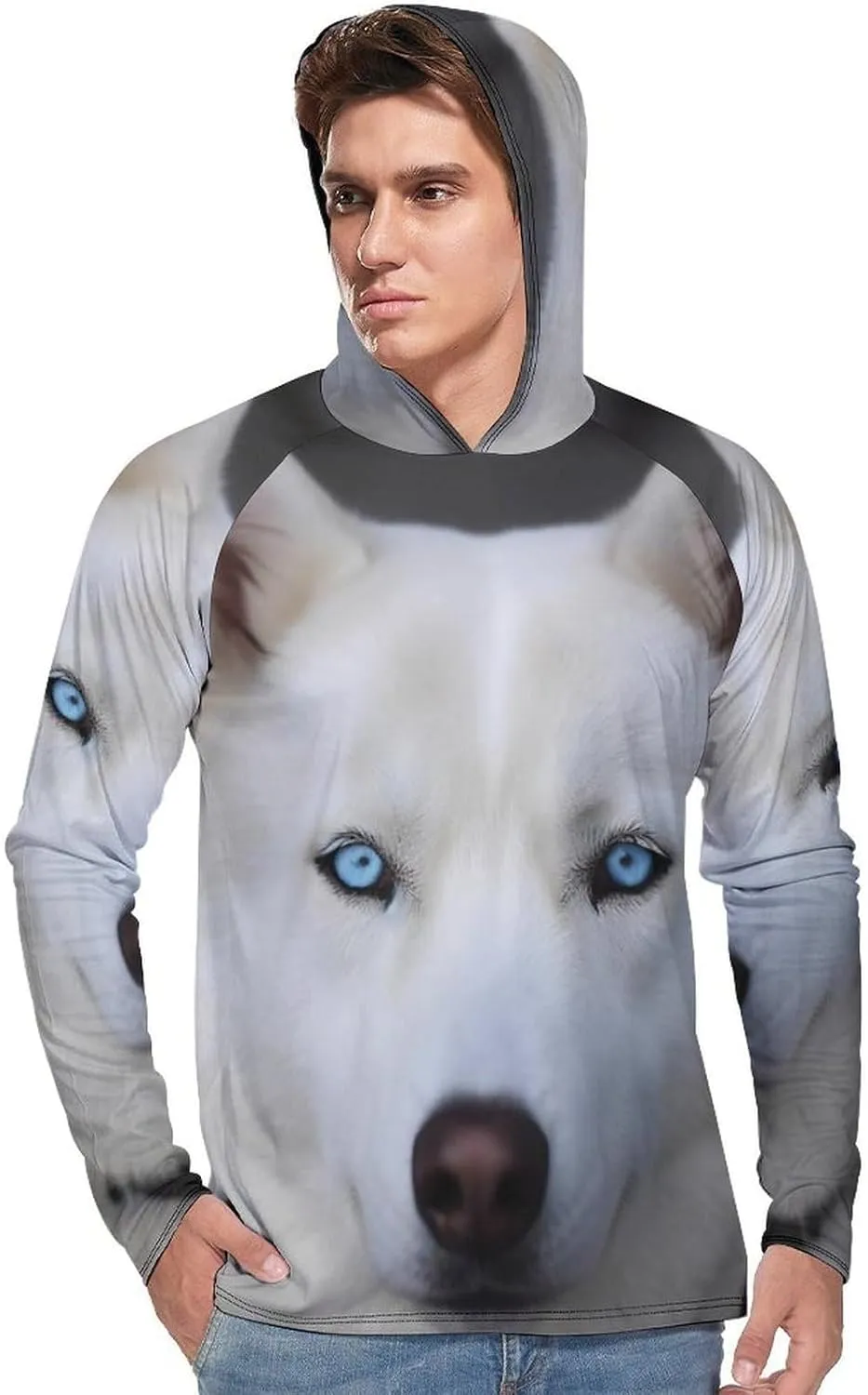 Sun Protection Shirt Long Sleeve Hoodie Blue Eyed White Husky Lightweight Rash Guard Quick Dry Sun Shirt for Outdoor