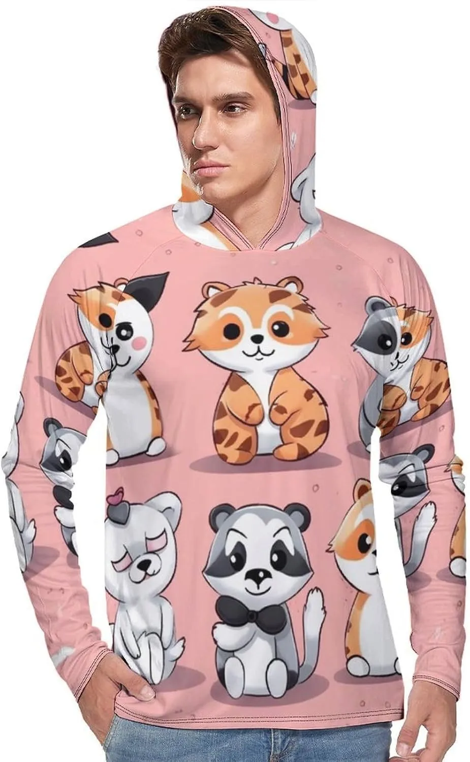 Sun Protection Shirt Long Sleeve Hoodie Hand Drawn Cute Animals Lightweight Rash Guard Quick Dry Sun Shirt for Outdoor