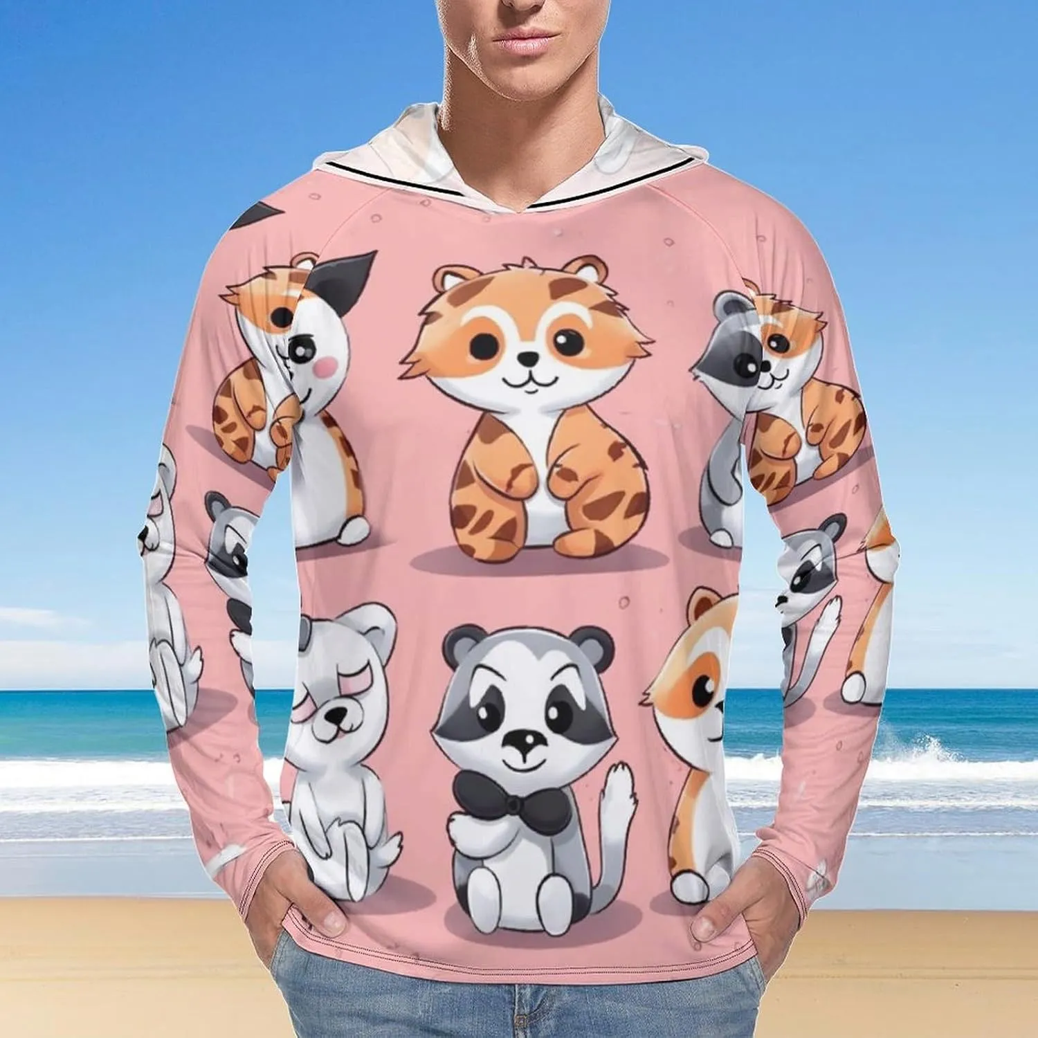 Sun Protection Shirt Long Sleeve Hoodie Hand Drawn Cute Animals Lightweight Rash Guard Quick Dry Sun Shirt for Outdoor