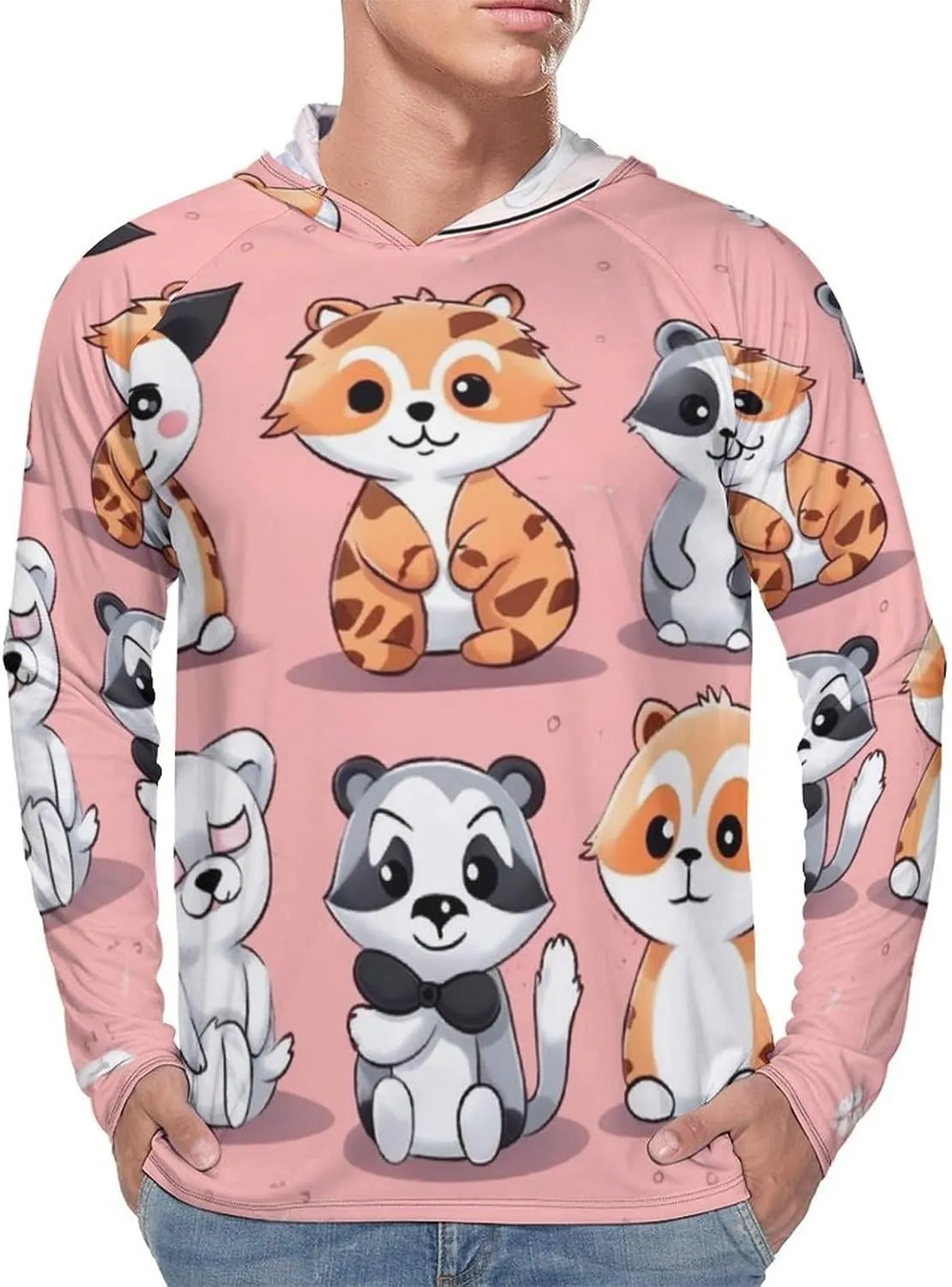 Sun Protection Shirt Long Sleeve Hoodie Hand Drawn Cute Animals Lightweight Rash Guard Quick Dry Sun Shirt for Outdoor