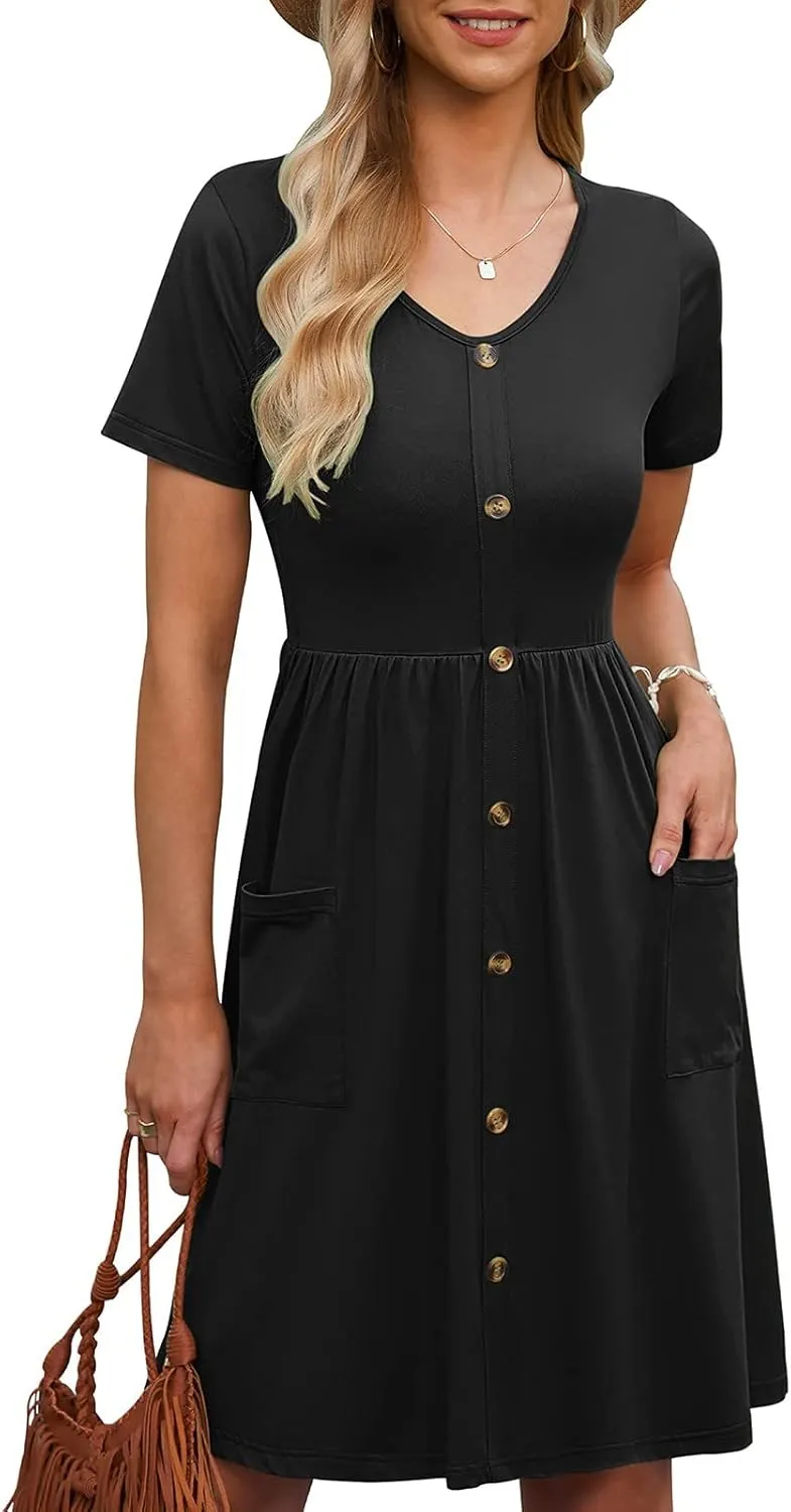 Sundresses for Women 2024,Women Summer Dresses Sleeveless Casual Swing Button Down Midi Dress with Pockets