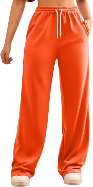Sweatpants Women Casual Baggy Straight Pants Wide Leg Loose Elastic Waist Drawstring Dressy Trousers