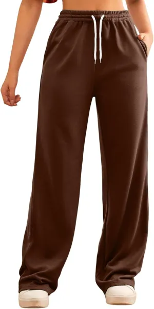 Sweatpants Women Casual Baggy Straight Pants Wide Leg Loose Elastic Waist Drawstring Dressy Trousers