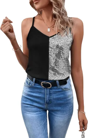 SweatyRocks Women's Colorblock Sequin V Neck Sleeveless Cami Top Spaghetti Strap Camisole