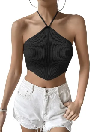 SweatyRocks Women's Sleeveless Tie Back Asymmetrical Hem Knitted Halter Cami Crop Top