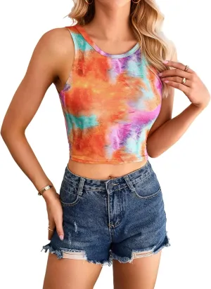 SweatyRocks Women's Tie Dye Sleeveless Workout Casual Cropped Tank Top Shirts