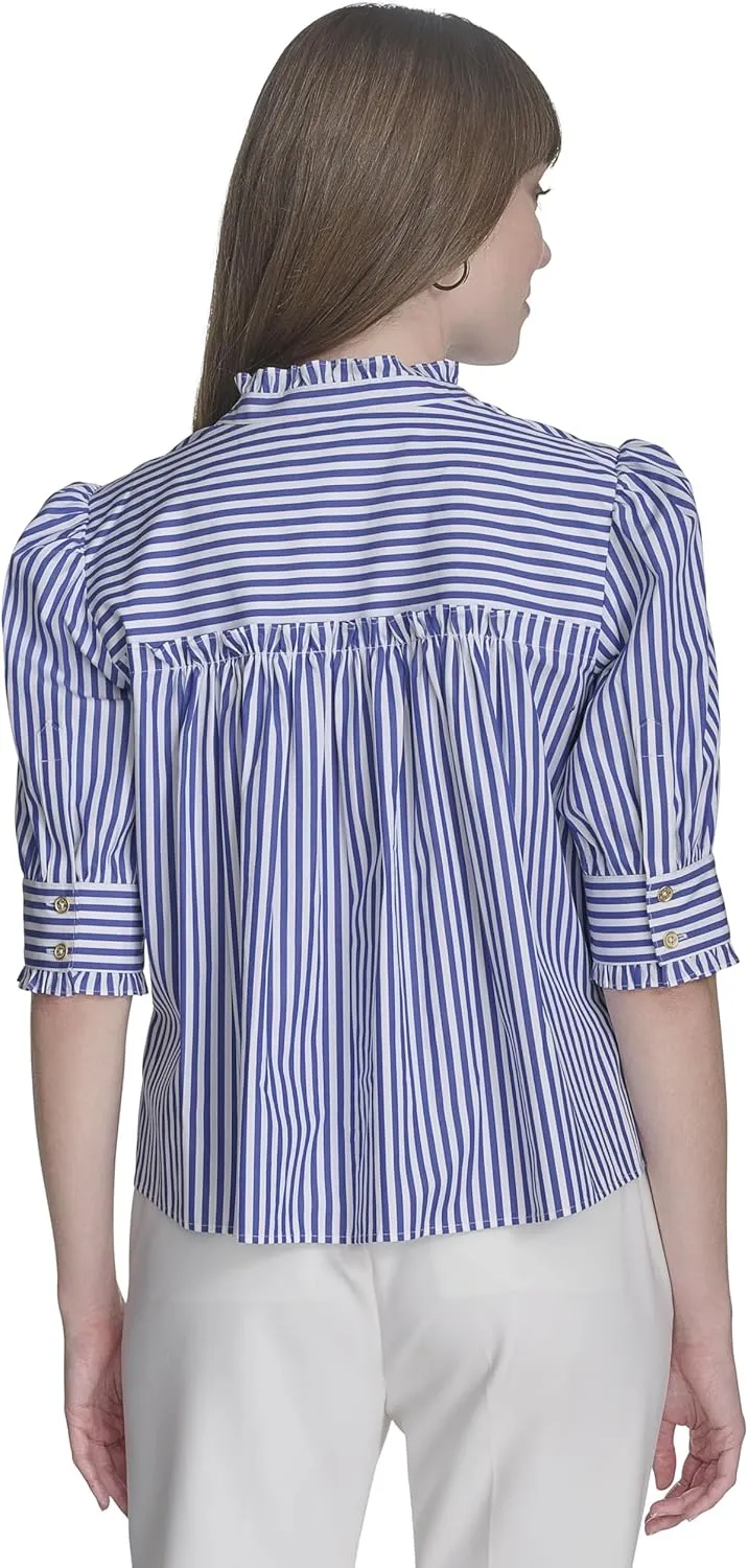 Tommy Hilfiger Women's Short Sleeve Ruffle Neck Button Front Shirt