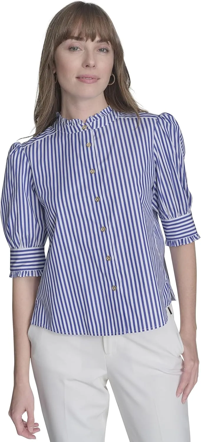 Tommy Hilfiger Women's Short Sleeve Ruffle Neck Button Front Shirt