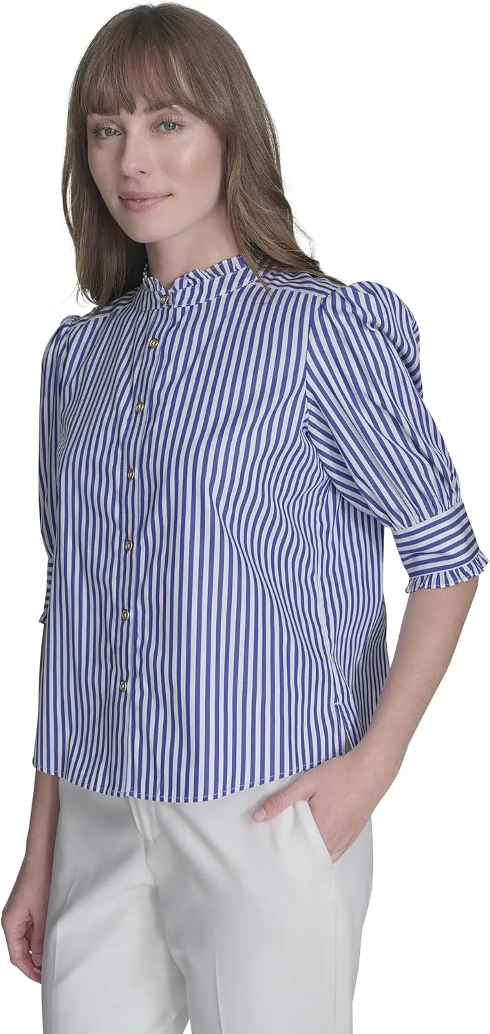 Tommy Hilfiger Women's Short Sleeve Ruffle Neck Button Front Shirt