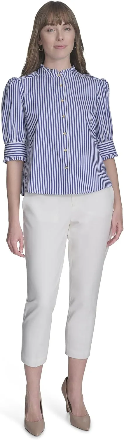Tommy Hilfiger Women's Short Sleeve Ruffle Neck Button Front Shirt
