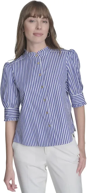 Tommy Hilfiger Women's Short Sleeve Ruffle Neck Button Front Shirt