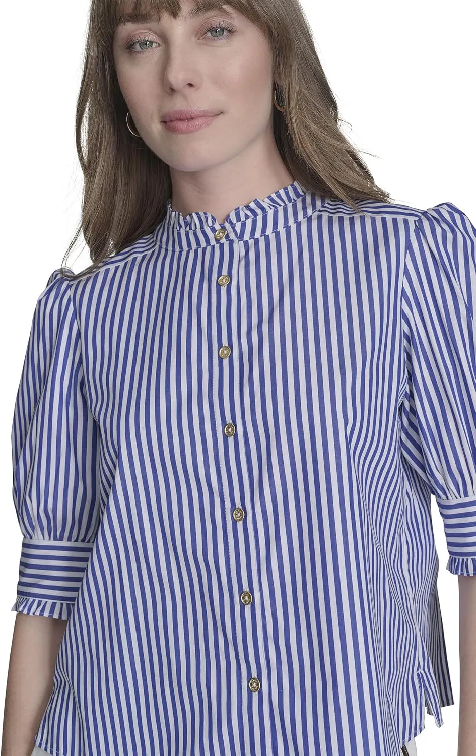 Tommy Hilfiger Women's Short Sleeve Ruffle Neck Button Front Shirt