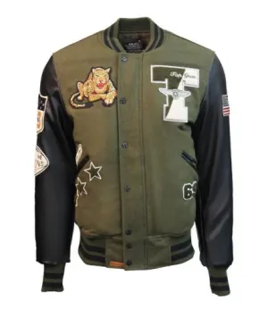 TOP GUN-Leopard Wool-PU Jacket-Olive-TGJ1949
