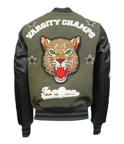 TOP GUN-Leopard Wool-PU Jacket-Olive-TGJ1949