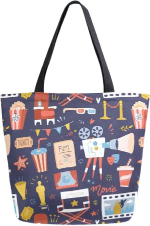 Trendy Extra Large Shoulder Grocery Tote Bag, Fashion Movie Icons Camera Ticket Canvas Daily Handle Bag for Gym Yoga Weekender Picnic Beach Travel Kitchen Reusable Market Shopping