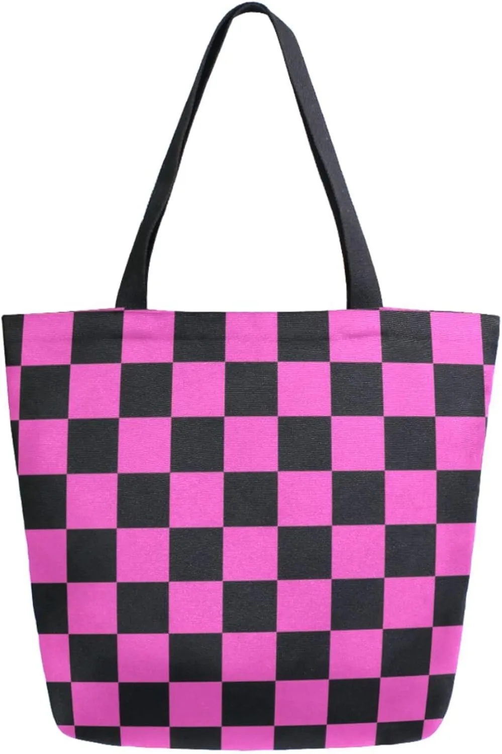 Trendy Extra Large Shoulder Grocery Tote Bag, Fashion Rose Red Black Checks Canvas Daily Handle Bag for Gym Yoga Weekender Picnic Beach Travel Kitchen Reusable Market Shopping