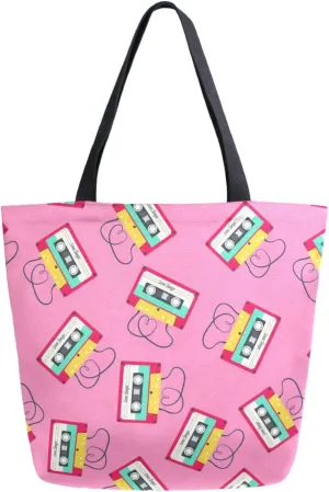 Trendy Extra Large Shoulder Grocery Tote Bag, Old Style Magnetic Tapes Pink Canvas Daily Handle Bag for Gym Yoga Weekender Picnic Beach Travel Kitchen Reusable Market Shopping