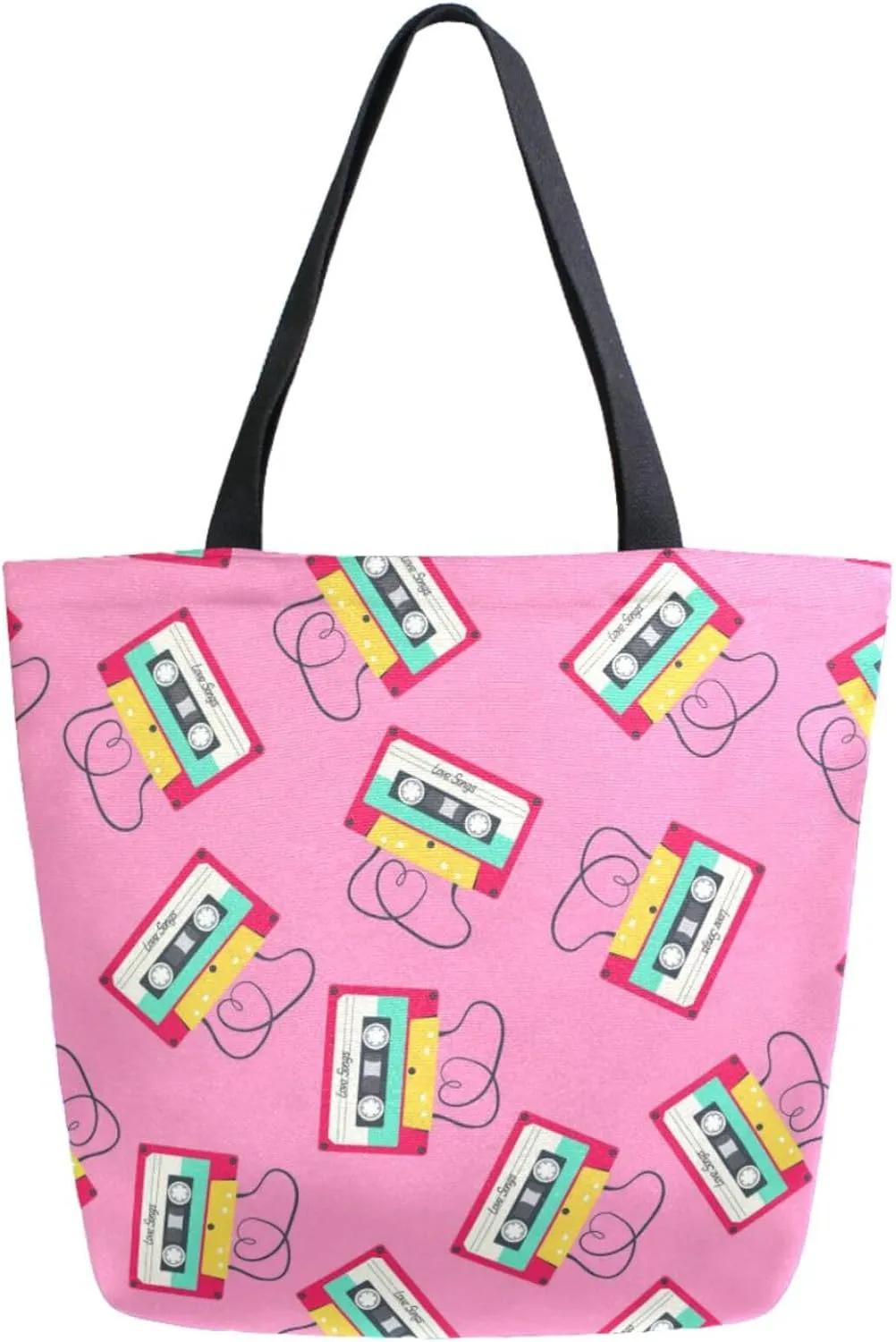 Trendy Extra Large Shoulder Grocery Tote Bag, Old Style Magnetic Tapes Pink Canvas Daily Handle Bag for Gym Yoga Weekender Picnic Beach Travel Kitchen Reusable Market Shopping