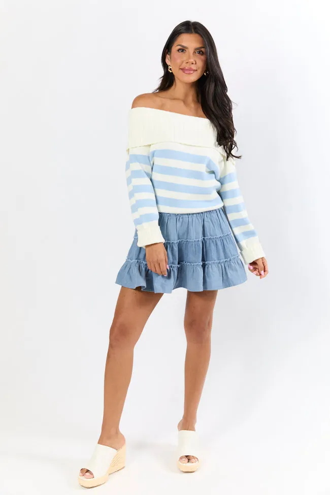 Undertow Feelings Ivory and Blue Striped Off The Shoulder Sweater