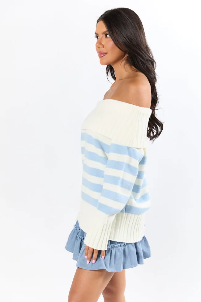 Undertow Feelings Ivory and Blue Striped Off The Shoulder Sweater