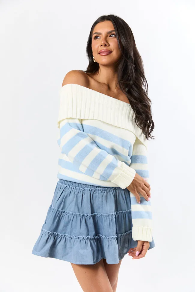 Undertow Feelings Ivory and Blue Striped Off The Shoulder Sweater