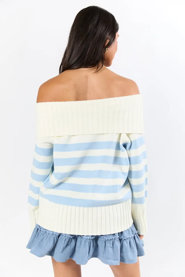 Undertow Feelings Ivory and Blue Striped Off The Shoulder Sweater